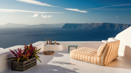 A chair and a potted plant on the edge of an ocean, AIの素材