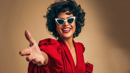 A woman in a red dress with sunglasses and pointing, AIの素材