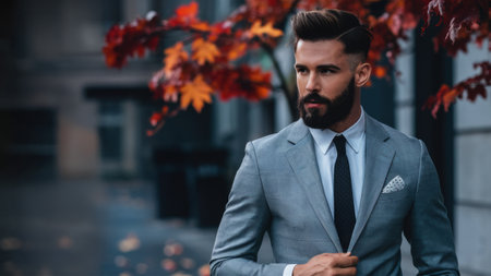 A man in a suit and tie standing outside, AIの素材