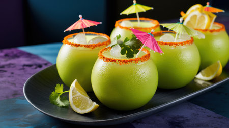 A plate with several drinks on it that have umbrellas, AIの素材