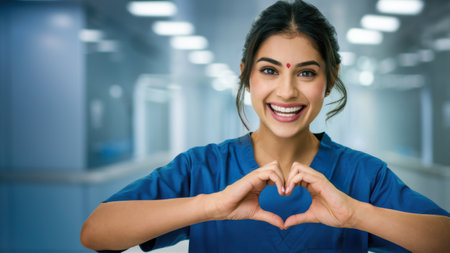 A woman in blue scrubs making a heart shape with her hands, AIの素材
