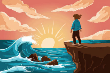 A person standing on a cliff looking at the ocean, AIの素材