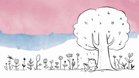 A drawing of a cartoon tree with flowers and birds around it, AIの素材