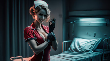 A woman in nurse costume standing next to a hospital bed, AIの素材