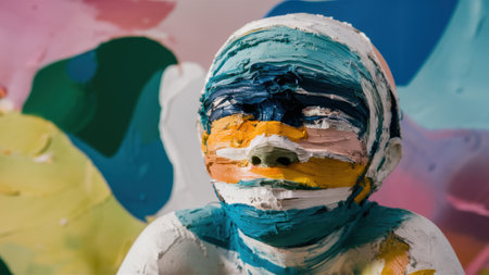 A close up of a sculpture with paint on its face, AIの素材