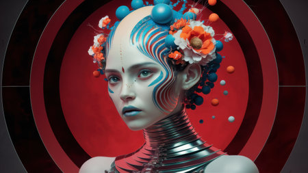 A woman with a head made of metal and flowers on her, AIの素材