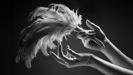 A black and white photo of a woman holding feathers, AIの素材