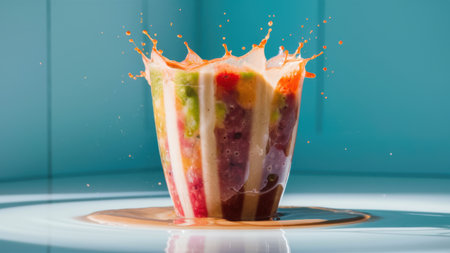 A colorful drink with a splash of liquid on the table, AIの素材