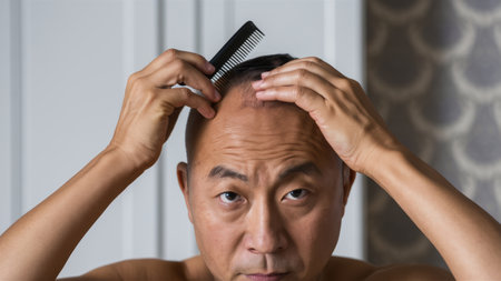 A man combing his hair with a brush in front of him, AIの素材