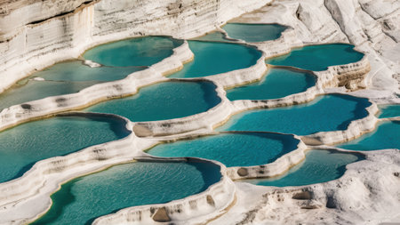 A group of blue pools are in a cliff side, AIの素材