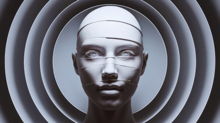 A digital image of a womans face with wires coming out from her head, AIの素材
