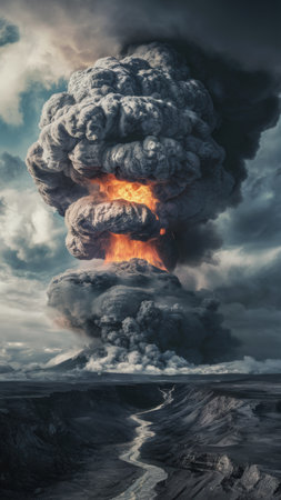A large cloud of smoke coming from a volcano in the distance, AIの素材
