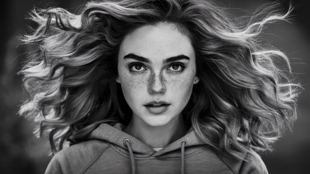 A woman with a hoodie and curly hair in black and white, AIの素材