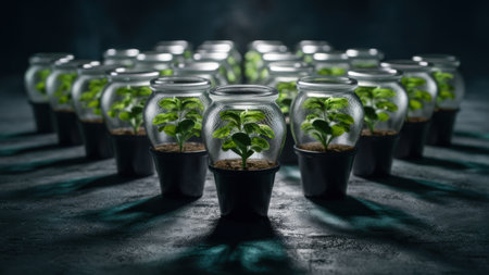A bunch of small plants are growing in jars on a table, AIの素材