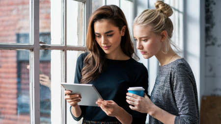 Two women looking at a tablet computer while holding coffee, AIの素材