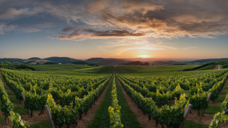 A field of green plants with a sunset in the background, AIの素材
