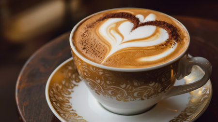 A cup of coffee with a heart design on top is sitting in saucer, AIの素材