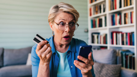 A woman holding a credit card and cell phone while looking at her smart phone, AIの素材