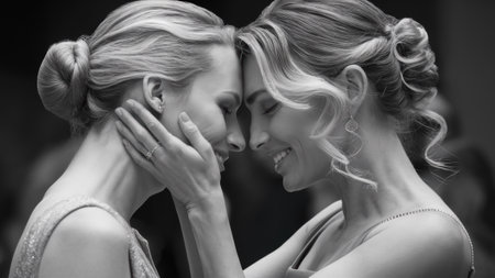 Two women are embracing each other in a black and white photo, AIの素材