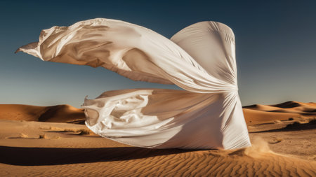 A white cloth is blowing in the wind on a desert, AIの素材