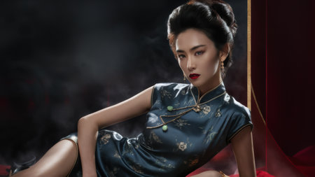 A woman in a blue dress laying on the floor with her hand over her mouth, AIの素材