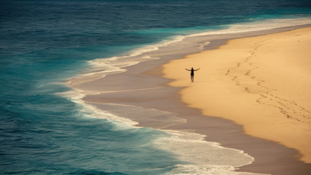 A person standing on the beach with arms outstretched in front of a body of water, AIの素材
