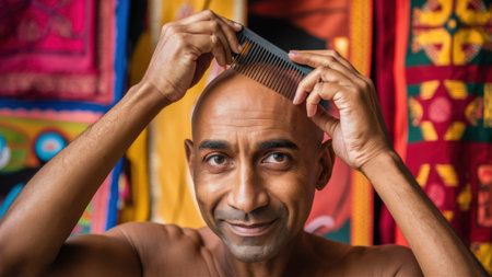 A man with no shirt combing his hair in front of a colorful background, AIの素材