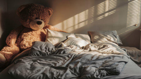 A teddy bear sitting on a bed next to an unmade bed, AIの素材