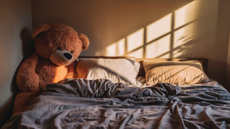A teddy bear sitting on a bed next to the window, AIの素材