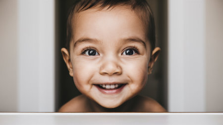 A close up of a smiling baby with big eyes and teeth, AIの素材