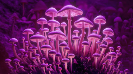 A group of mushrooms are growing in a purple light, AIの素材