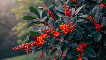 A close up of a plant with red berries and green leaves, AIの素材