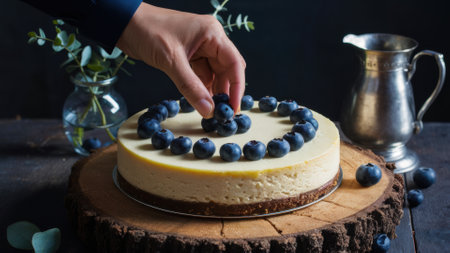 A person placing a blueberry on top of a cake, AIの素材