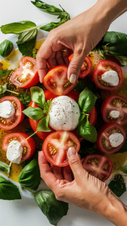 A person holding a plate with tomatoes and basil on it, AIの素材