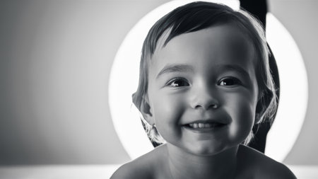 A black and white photo of a smiling baby with his eyes closed, AIの素材