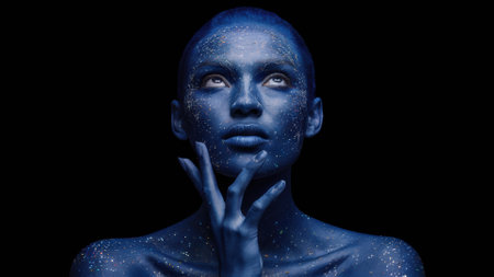 A woman with blue painted face and hands posing for a picture, AIの素材