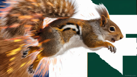 A squirrel is flying through the air with a fire ball in its mouth, AIの素材