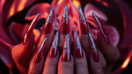 A womans hands with red and silver nails are holding a flower, AIの素材