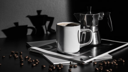 A coffee cup and saucer on a table with beans, AIの素材