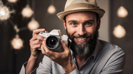 A man with a beard holding up his camera and smiling, AIの素材