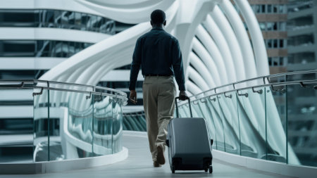 A man walking down a walkway with his suitcase in tow, AIの素材