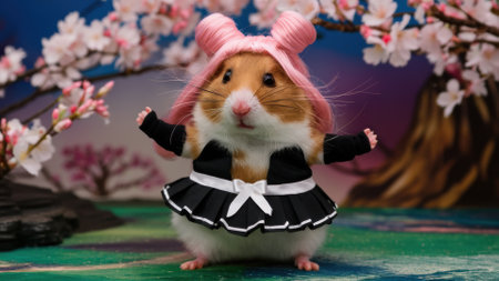 A hamster dressed in a school girl outfit with pink hair, AIの素材
