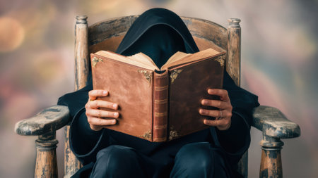A person in a hooded robe sitting on an old wooden chair reading, AIの素材