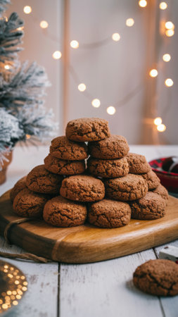 A wooden cutting board with a pile of cookies on it, AIの素材