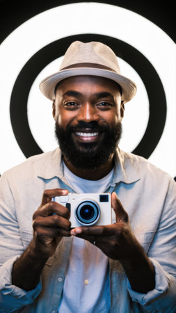 A man holding a camera in front of his face, AIの素材