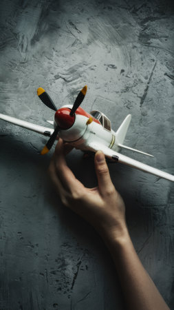 A hand holding a small model airplane in front of gray wall, AIの素材