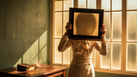 A woman holding a picture frame over her face in front of an open window, AIの素材