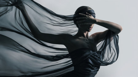 A woman in a black dress with her hands covering herself, AIの素材