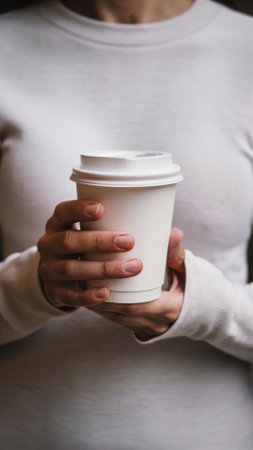 A woman holding a coffee cup in her hands with both arms, AIの素材