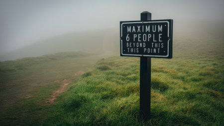 A sign on a foggy day, the maximum number of people allowed beyond this point is six, AIの素材